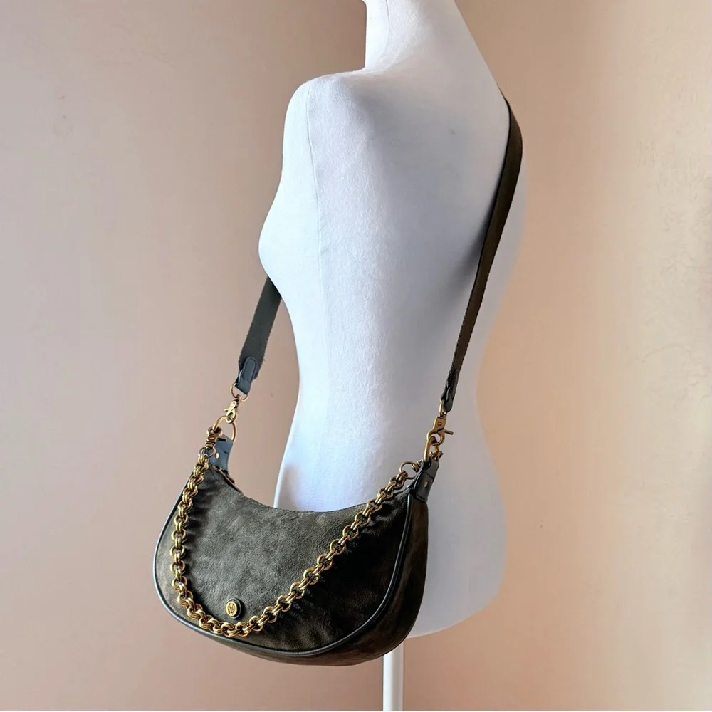 House of Harlow 1960 Valerie Crossbody Green Faux Suede Double Zip Shoulder Bag